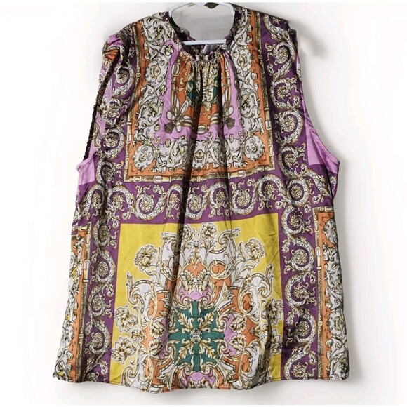 MNG Mango Baroque Print Blouse Women Sz 8 Sleeveless Colorful  Dressy Versatile - Picture 1 of 10
